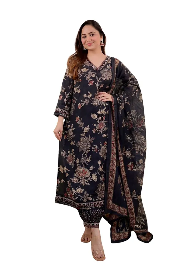 Black_Cotton_Floral_Printed_Straight_Kurti_With_Afghani_Pant_Dupatta_Set_For_Women