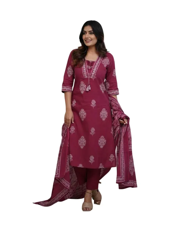 Maroon_Cotton_Regular_Printed_Kurti_With_Pant_Dupatta_Set_For_Women