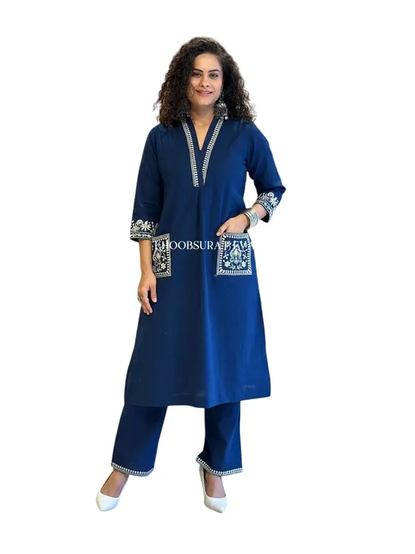 Blue_Cotton_Embroidered_Straight_Kurti_Pant_Dupatta_Set_For_Women