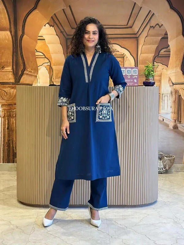 Blue_Cotton_Embroidered_Straight_Kurti_Pant_Dupatta_Set_For_Women