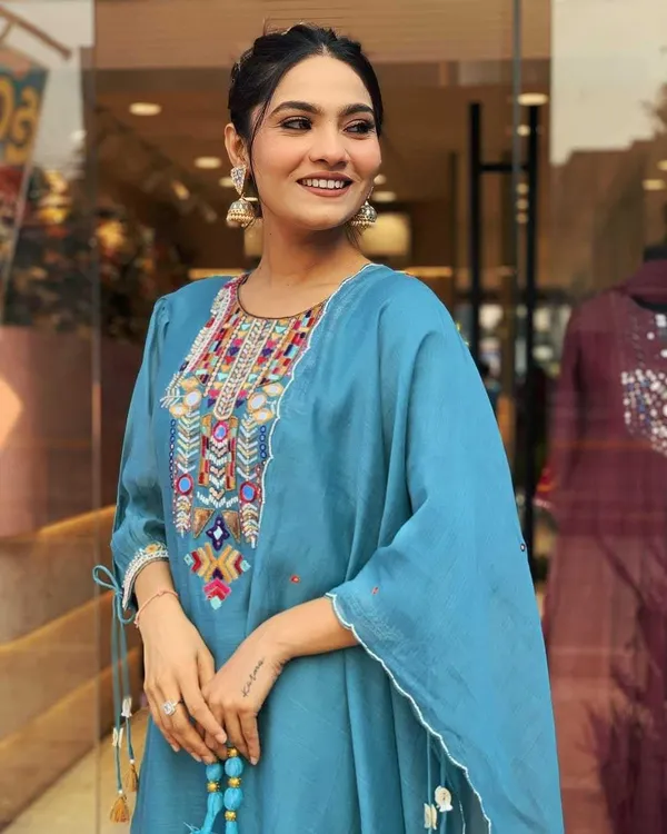 Blue_Cotton_Mirror_Work_Embroidered_Straight_Kurti_With_Pant_Dupatta_Set_For_Women