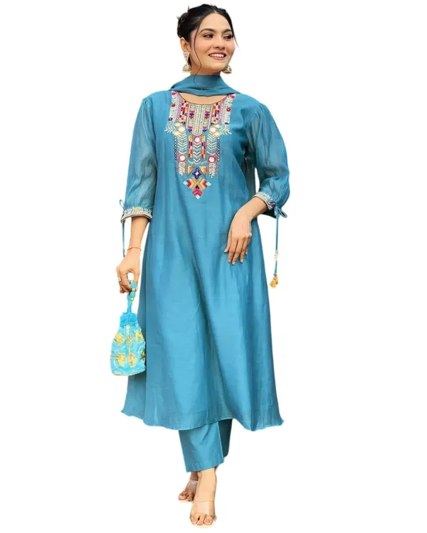 Blue_Cotton_Mirror_Work_Embroidered_Straight_Kurti_With_Pant_Dupatta_Set_For_Women