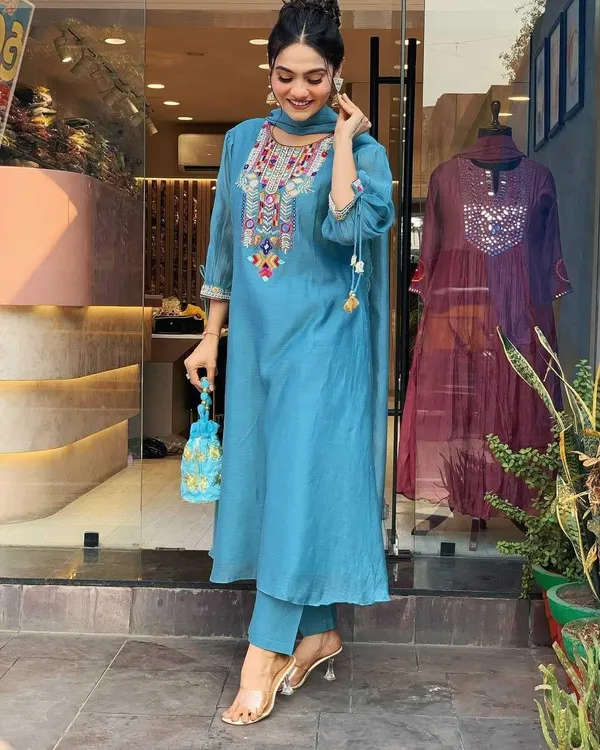 Blue_Cotton_Mirror_Work_Embroidered_Straight_Kurti_With_Pant_Dupatta_Set_For_Women