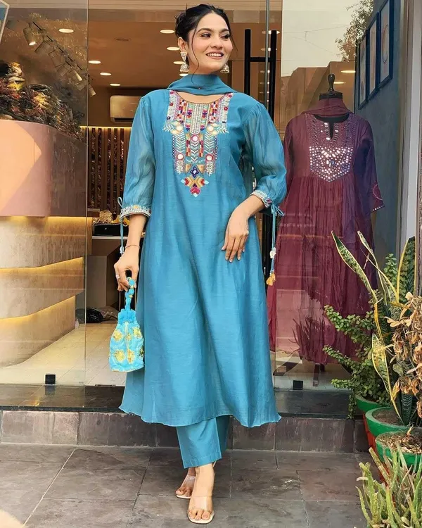 Blue_Cotton_Mirror_Work_Embroidered_Straight_Kurti_With_Pant_Dupatta_Set_For_Women