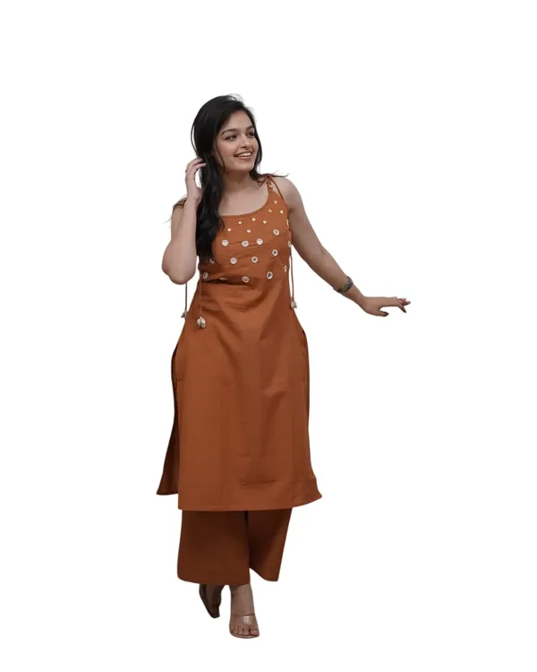Brown_Cotton_Sleeveless_Embroidered_Kurti_Set_With_Ankle_Length_Pant_For_Women