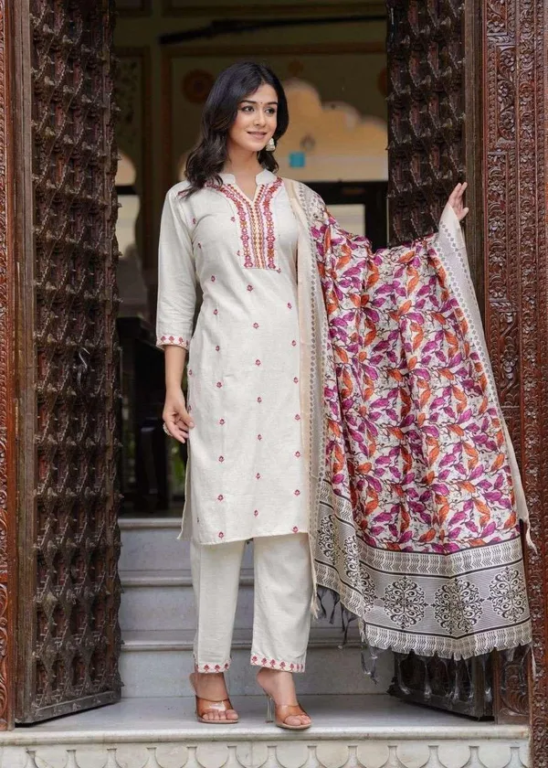 Cream_Cotton_Embroidered_Straight_Kurti_With_Pant_Set_For_Women