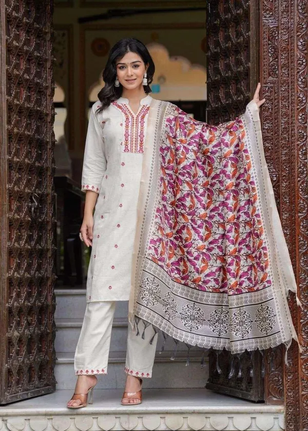 Cream_Cotton_Embroidered_Straight_Kurti_With_Pant_Set_For_Women