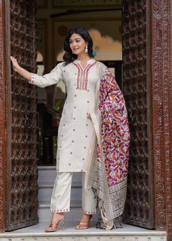 Cream_Cotton_Embroidered_Straight_Kurti_With_Pant_Set_For_Women