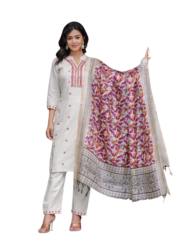Cream_Cotton_Embroidered_Straight_Kurti_With_Pant_Set_For_Women