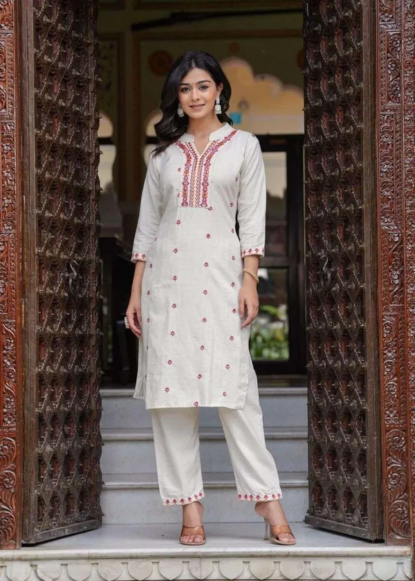 Cream_Cotton_Embroidered_Straight_Kurti_With_Pant_Set_For_Women