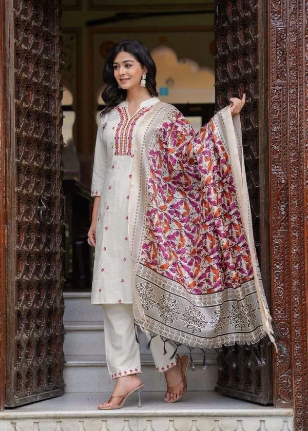 Cream_Cotton_Embroidered_Straight_Kurti_With_Pant_Set_For_Women