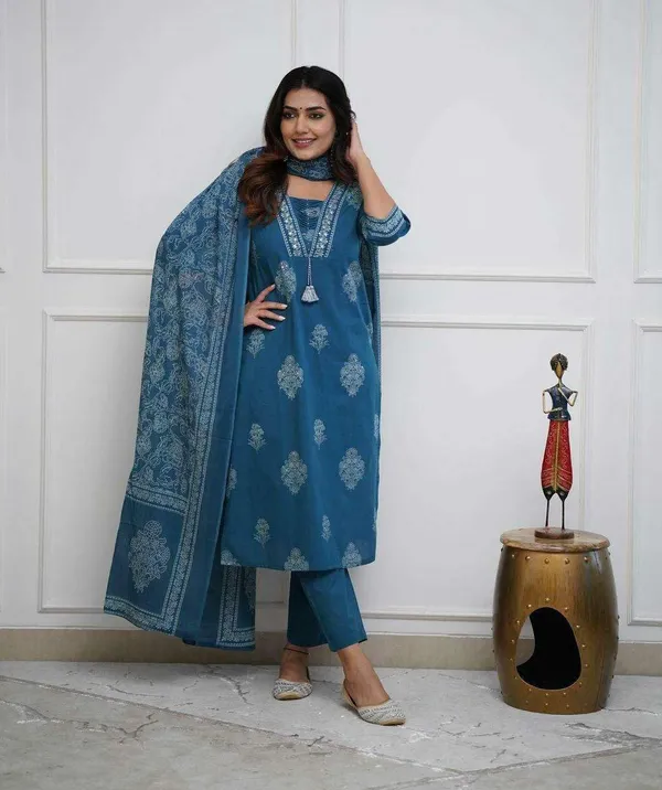 Teal_Blue_Cotton_Embroidered_Straight_Kurti_With_Pant_Dupatta_Set_For_Women