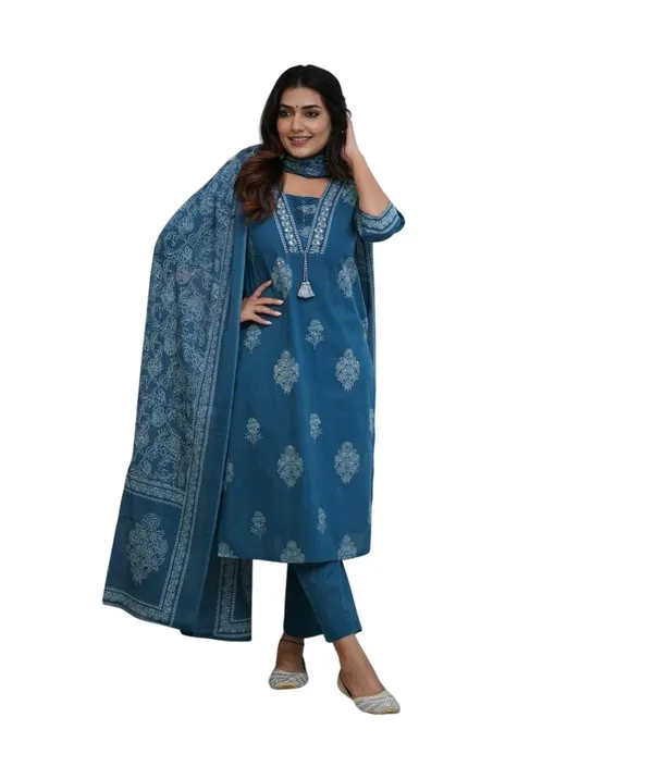 Teal_Blue_Cotton_Embroidered_Straight_Kurti_With_Pant_Dupatta_Set_For_Women