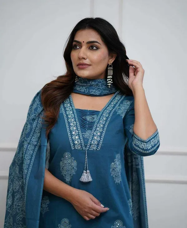 Teal_Blue_Cotton_Embroidered_Straight_Kurti_With_Pant_Dupatta_Set_For_Women