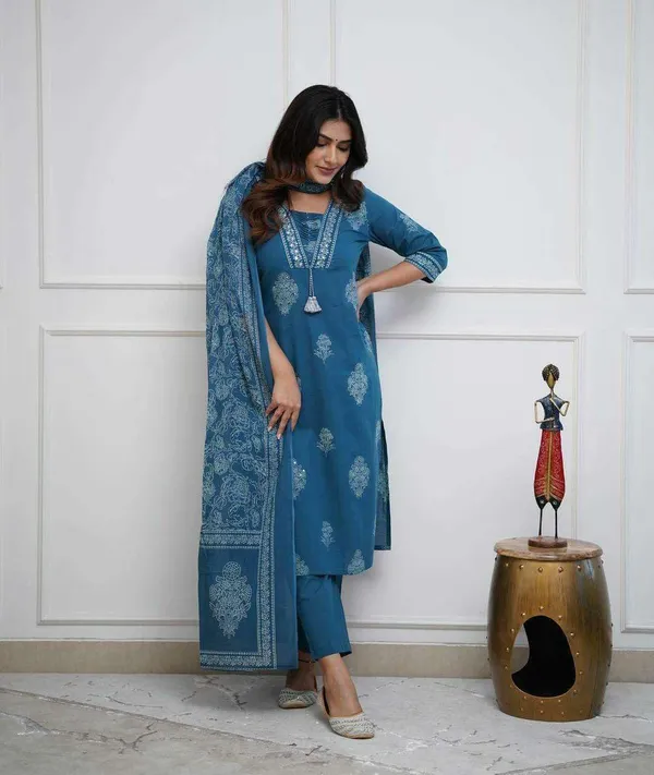 Teal_Blue_Cotton_Embroidered_Straight_Kurti_With_Pant_Dupatta_Set_For_Women