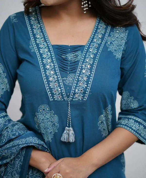 Teal_Blue_Cotton_Embroidered_Straight_Kurti_With_Pant_Dupatta_Set_For_Women