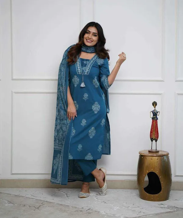 Teal_Blue_Cotton_Embroidered_Straight_Kurti_With_Pant_Dupatta_Set_For_Women