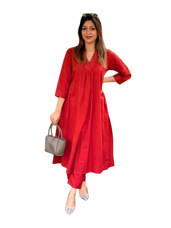 Red_Cotton_Regular_Straight_Kurti_With_Pant_Set_For_Women