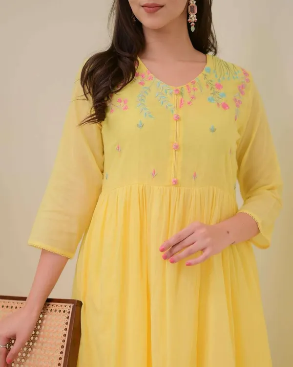 Yellow_Cotton_Regular_Embroidered_Anarkali_Kurti_With_Pant_Dupatta_Set_For_Women