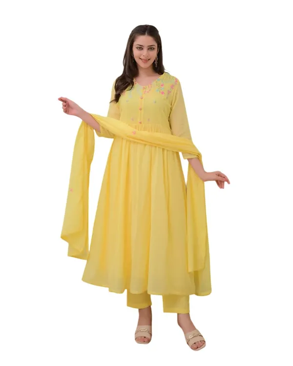 Yellow_Cotton_Regular_Embroidered_Anarkali_Kurti_With_Pant_Dupatta_Set_For_Women