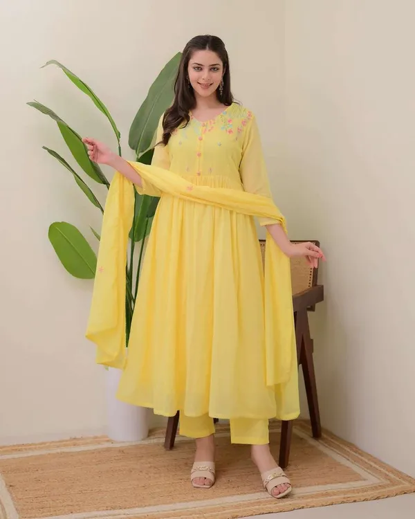 Yellow_Cotton_Regular_Embroidered_Anarkali_Kurti_With_Pant_Dupatta_Set_For_Women