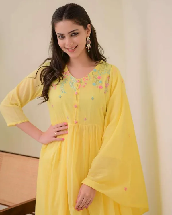Yellow_Cotton_Regular_Embroidered_Anarkali_Kurti_With_Pant_Dupatta_Set_For_Women