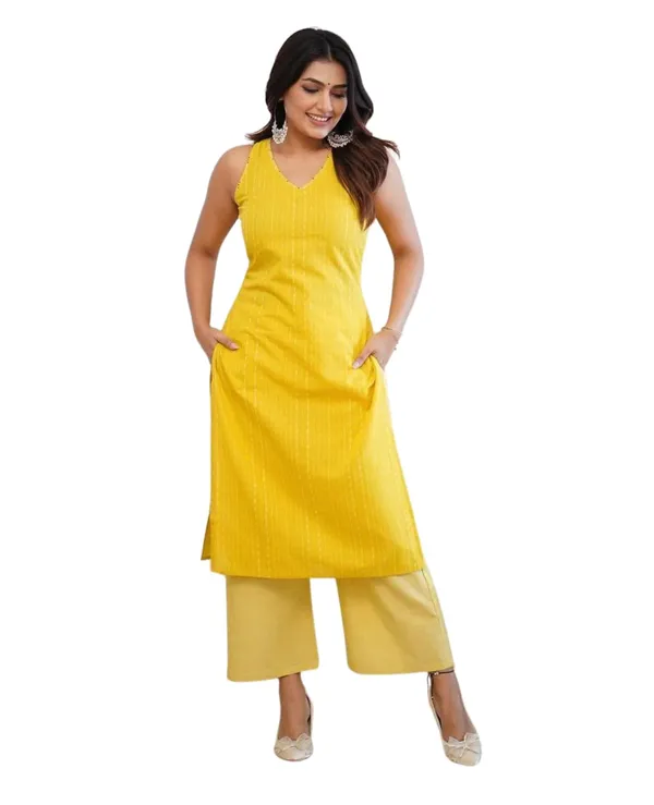 Yellow_Cotton_Printed_Sleeveless_Straight_Kurti_With_Pant_Set_For_Women