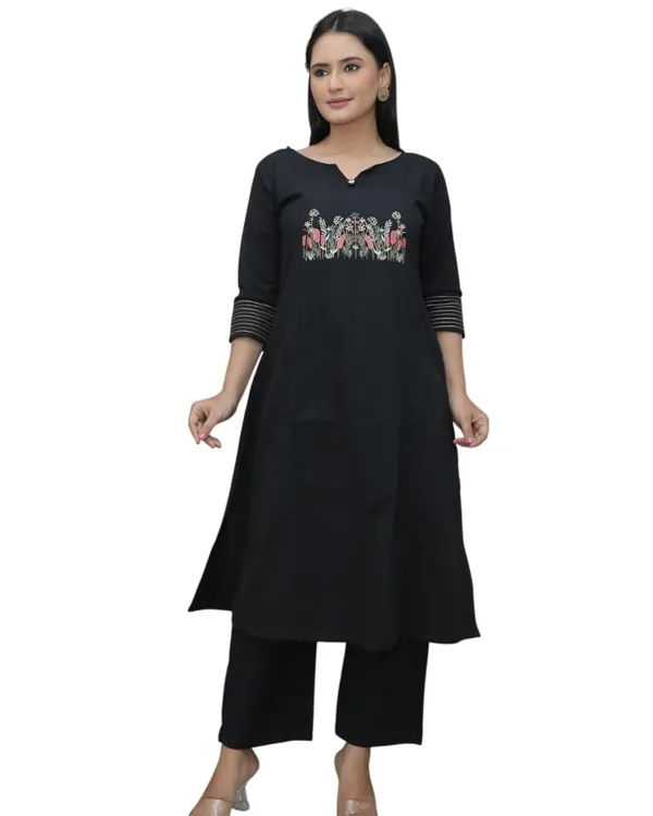 Black_Cotton_Regular_Embroidered_Straight_Kurti_With_Pant_Set_For_Women