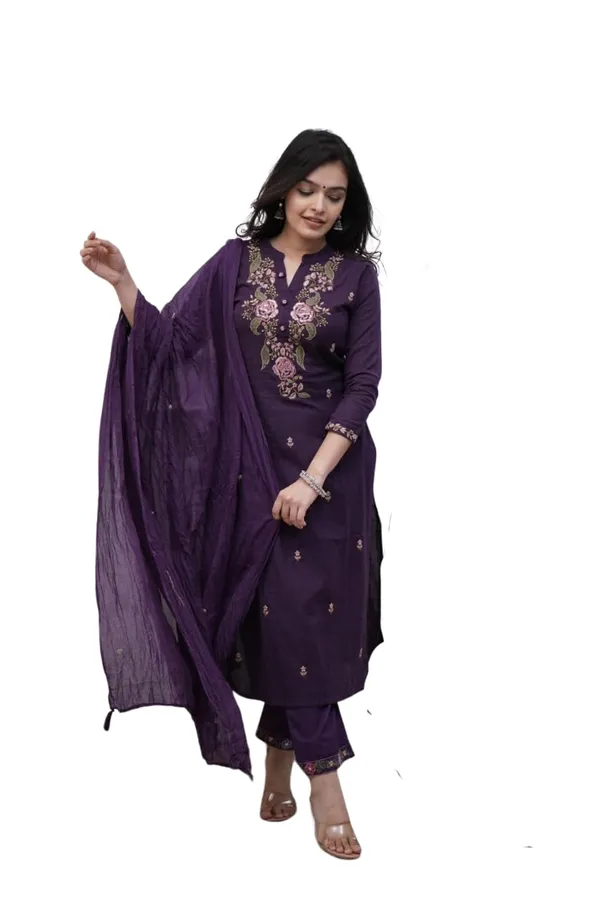 Purple_Cotton_Embroidered_Straight_Kurti_With_Pant_Mulmul_Dupatta_Set_For_Women