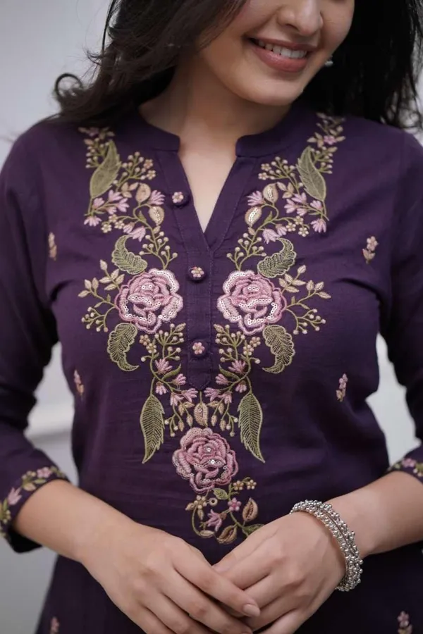 Purple_Cotton_Embroidered_Straight_Kurti_With_Pant_Mulmul_Dupatta_Set_For_Women