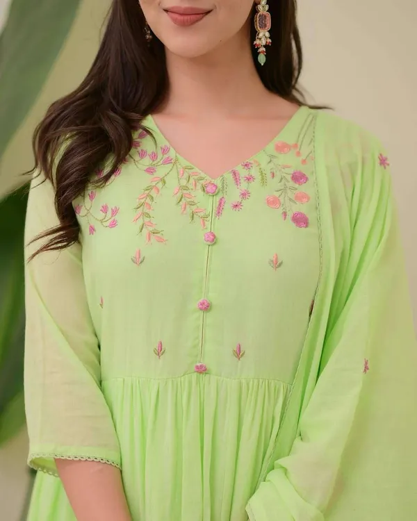 Pear_Green_Cotton_Embroidered_Anarkali_Kurti_With_Pant_Dupatta_Set_For_Women
