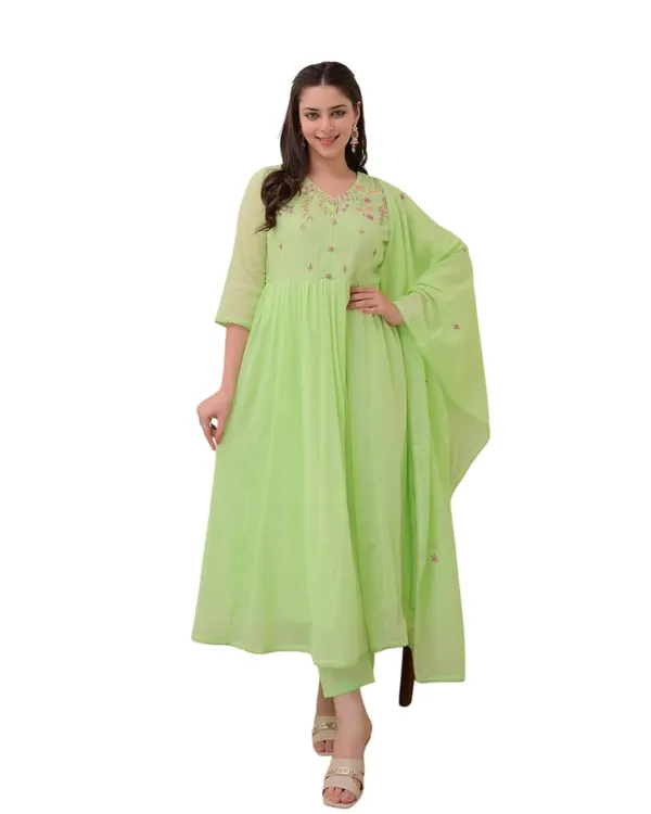 Pear_Green_Cotton_Embroidered_Anarkali_Kurti_With_Pant_Dupatta_Set_For_Women