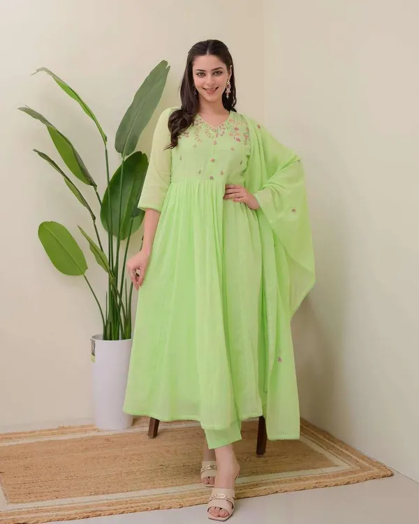 Pear_Green_Cotton_Embroidered_Anarkali_Kurti_With_Pant_Dupatta_Set_For_Women