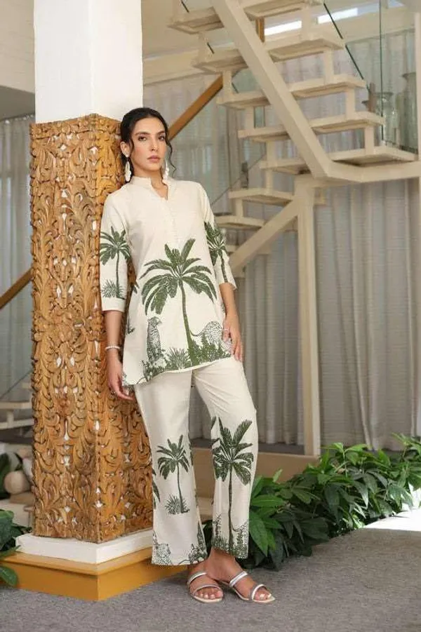 White_Green_Cotton_Floral_Printed_Straight_Kurti_With_Pant_Set_For_Women