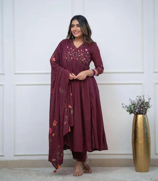 Maroon_Cotton_Regular_Embroidered_Anarkali_Kurti_With_Pant_Set_For_Women