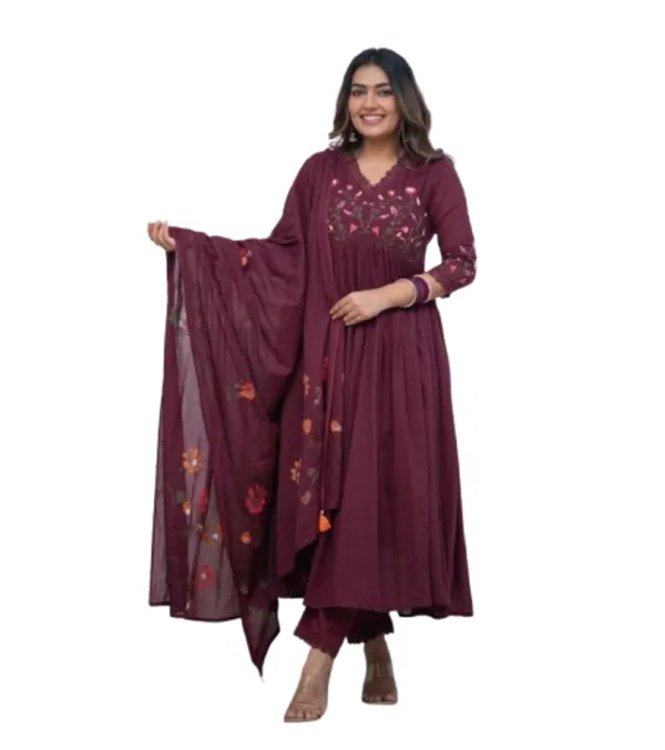 Maroon_Cotton_Regular_Embroidered_Anarkali_Kurti_With_Pant_Set_For_Women