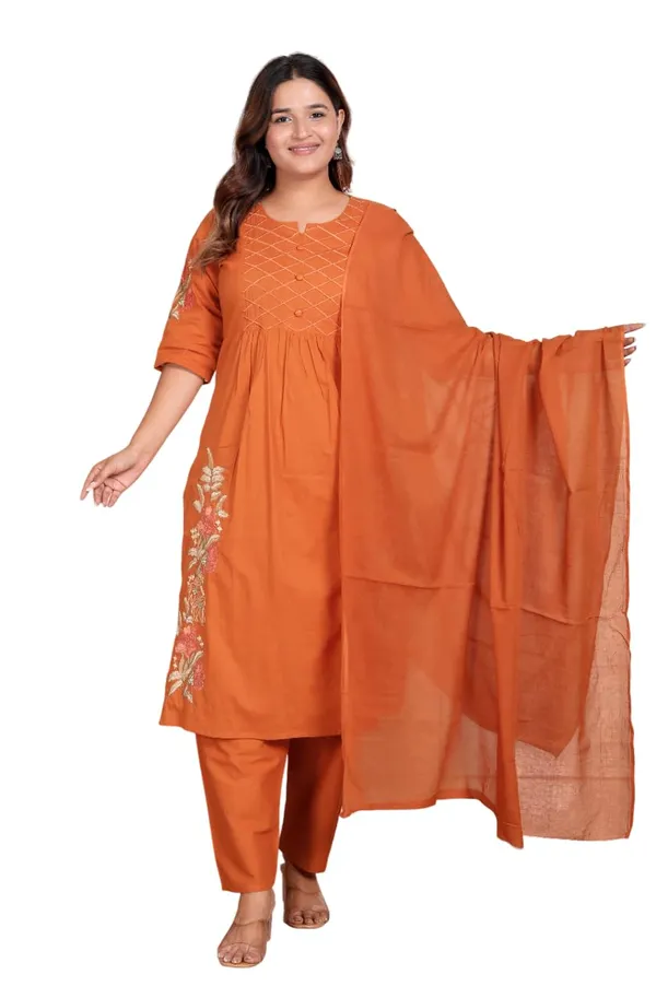 Orange_Cotton_Embroidered_Straight_Kurti_With_Pant_Dupatta_Set_For_Women