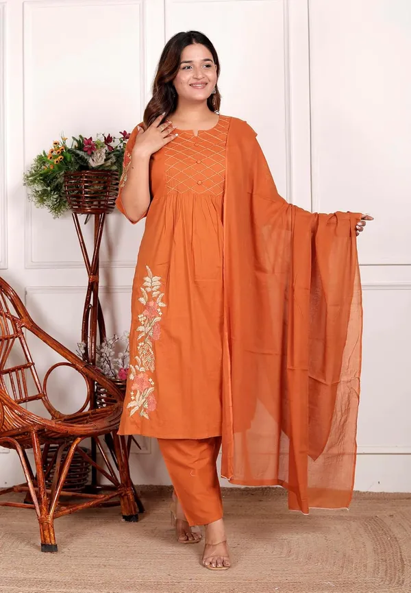 Orange_Cotton_Embroidered_Straight_Kurti_With_Pant_Dupatta_Set_For_Women