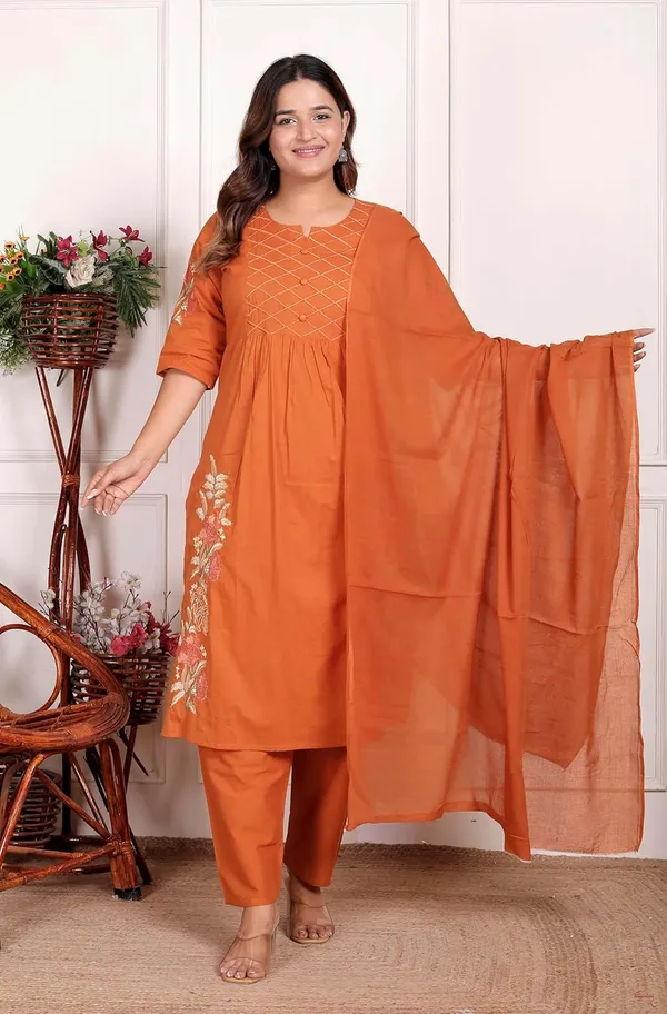 Orange_Cotton_Embroidered_Straight_Kurti_With_Pant_Dupatta_Set_For_Women