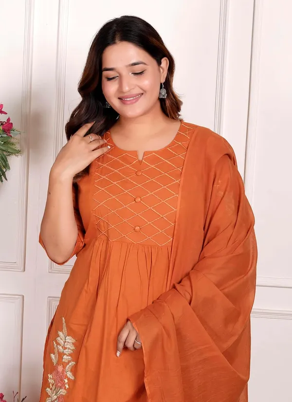 Orange_Cotton_Embroidered_Straight_Kurti_With_Pant_Dupatta_Set_For_Women