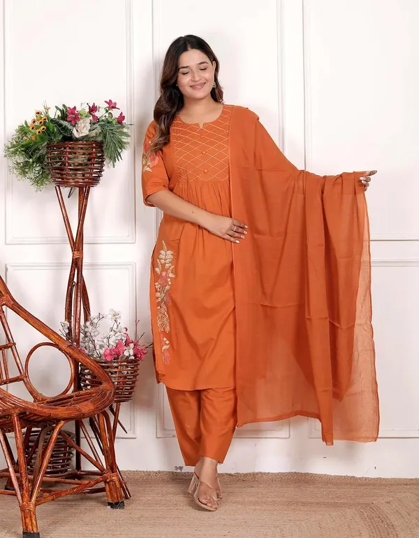 Orange_Cotton_Embroidered_Straight_Kurti_With_Pant_Dupatta_Set_For_Women