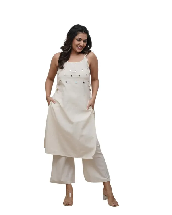 White_Cotton_Regular_Embroidered_Sleeveless_Kurti_With_Pant_Set_For_Women