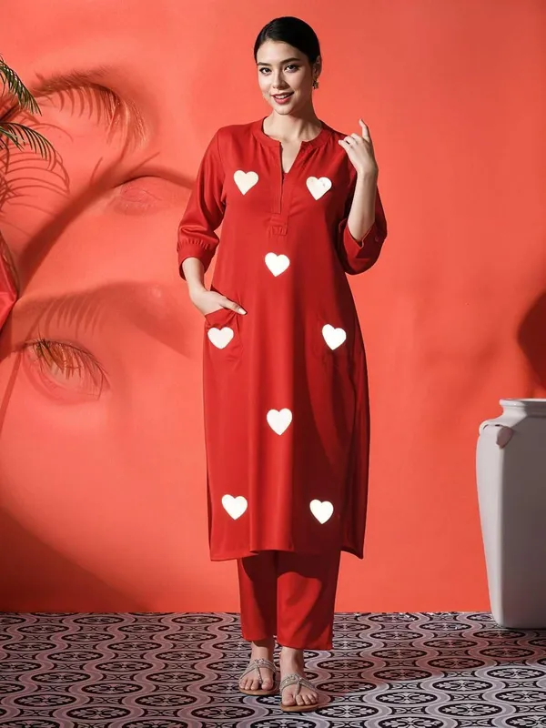 Red_Cotton_Regular_Embroidered_Straight_Kurti_Set_With_Pant_Dupatta_For_Women
