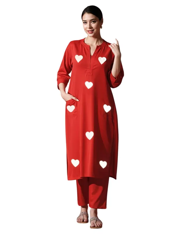 Red_Cotton_Regular_Embroidered_Straight_Kurti_Set_With_Pant_Dupatta_For_Women