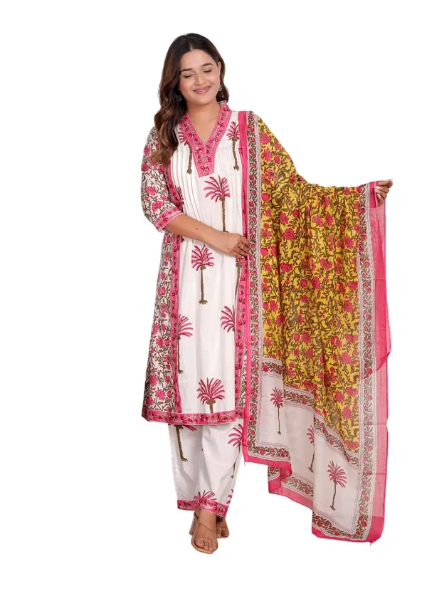 White_Pink_Cotton_Printed_Straight_Kurti_Set_With_Pant_Dupatta_For_Women
