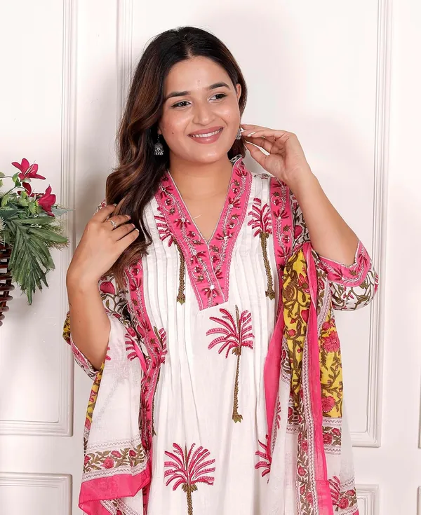 White_Pink_Cotton_Printed_Straight_Kurti_Set_With_Pant_Dupatta_For_Women