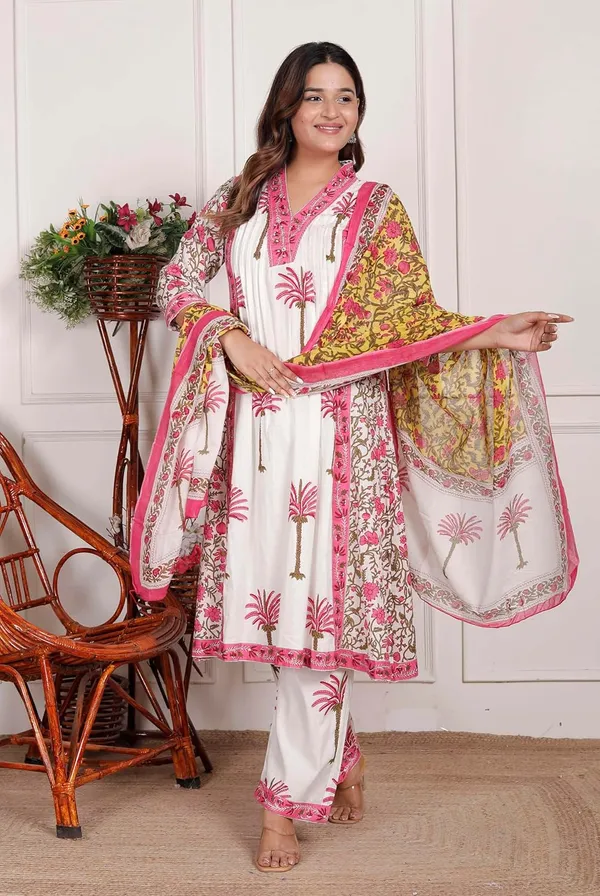 White_Pink_Cotton_Printed_Straight_Kurti_Set_With_Pant_Dupatta_For_Women
