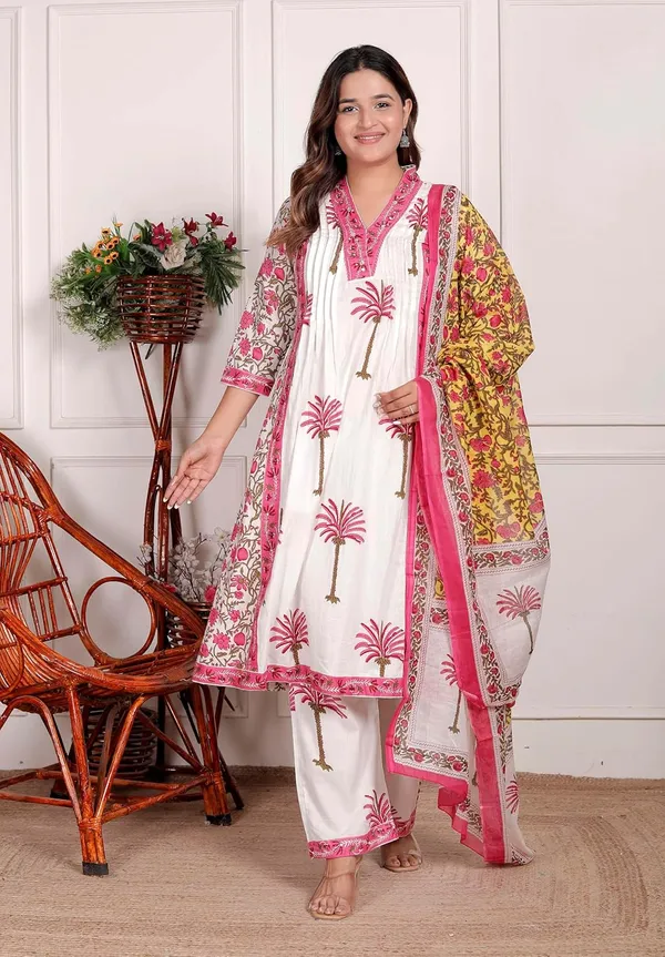 White_Pink_Cotton_Printed_Straight_Kurti_Set_With_Pant_Dupatta_For_Women