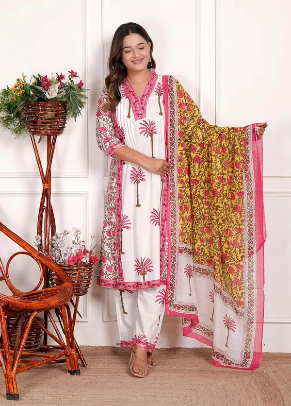 White_Pink_Cotton_Printed_Straight_Kurti_Set_With_Pant_Dupatta_For_Women