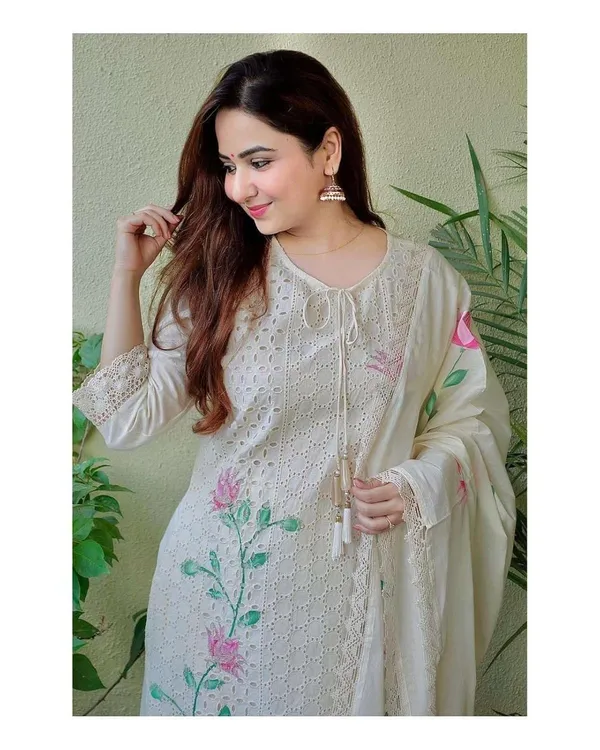 White_Cotton_Hand_Painted_Chikankari_Straight_Kurti_Pant_Dupatta_Set_For_Women